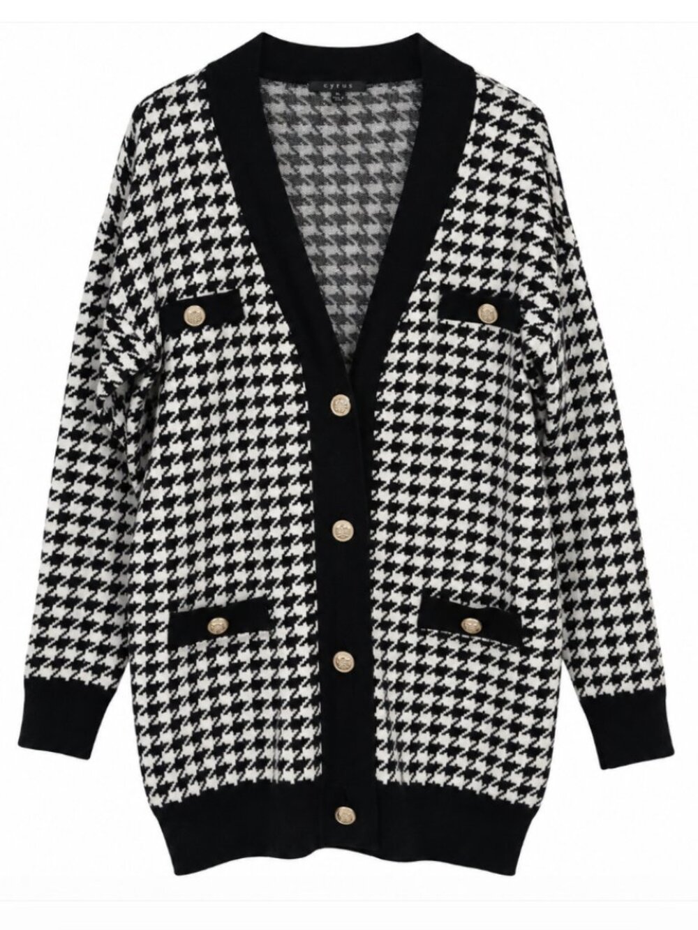 Cyrus XL Black White Houndstooth Long Cardigan Gold Buttons